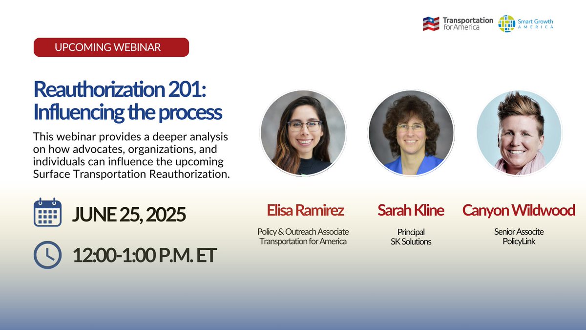 T4America's tweet image. Join us tomorrow at 12 p.m. ET for a conversation on how to influence the upcoming Surface Transportation Reauthorization to achieve the transportation priorities that are most important to you and your communities!
Learn more and register here ⤵️
us02web.zoom.us/webinar/regist…