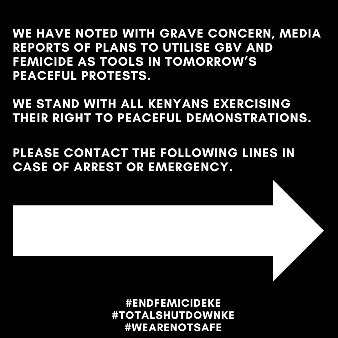 mirror__arts's tweet photo. We strongly condemn any alleged plans to use femicide or gender-based violence as tools to suppress protest.

Gendered violence is never a tactic. It's a crime.

If you're in danger or witness abuse, call these emergency lines. #EndFemicideKE https://t.co/I4KbSfLuJS