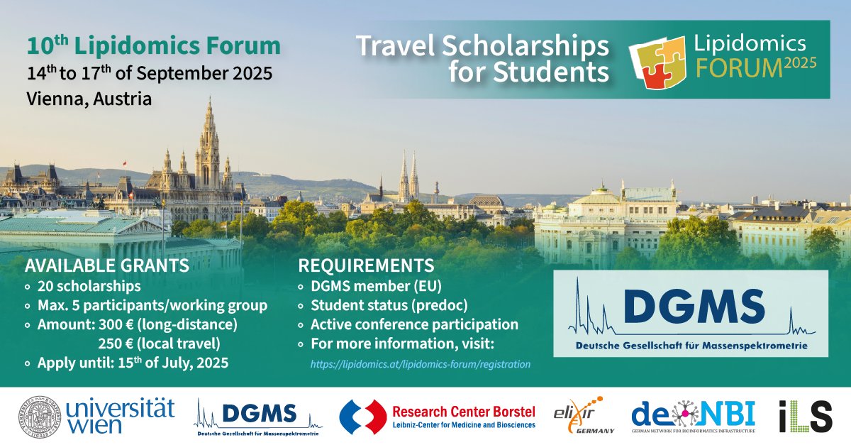 DGMS is supporting up to 20 students participating in #LipidomicsForum 2025 with travel scholarships. Many thanks!
🗓️ Application deadline: July 15, 2025
👉 more information: lipidomics.at/lipidomics-for…

<a href="/Ahrends15/">Lipidomics.at</a> #lipidomics #bioinformatics #lipids #MassSpec #AnalyticalChemistry