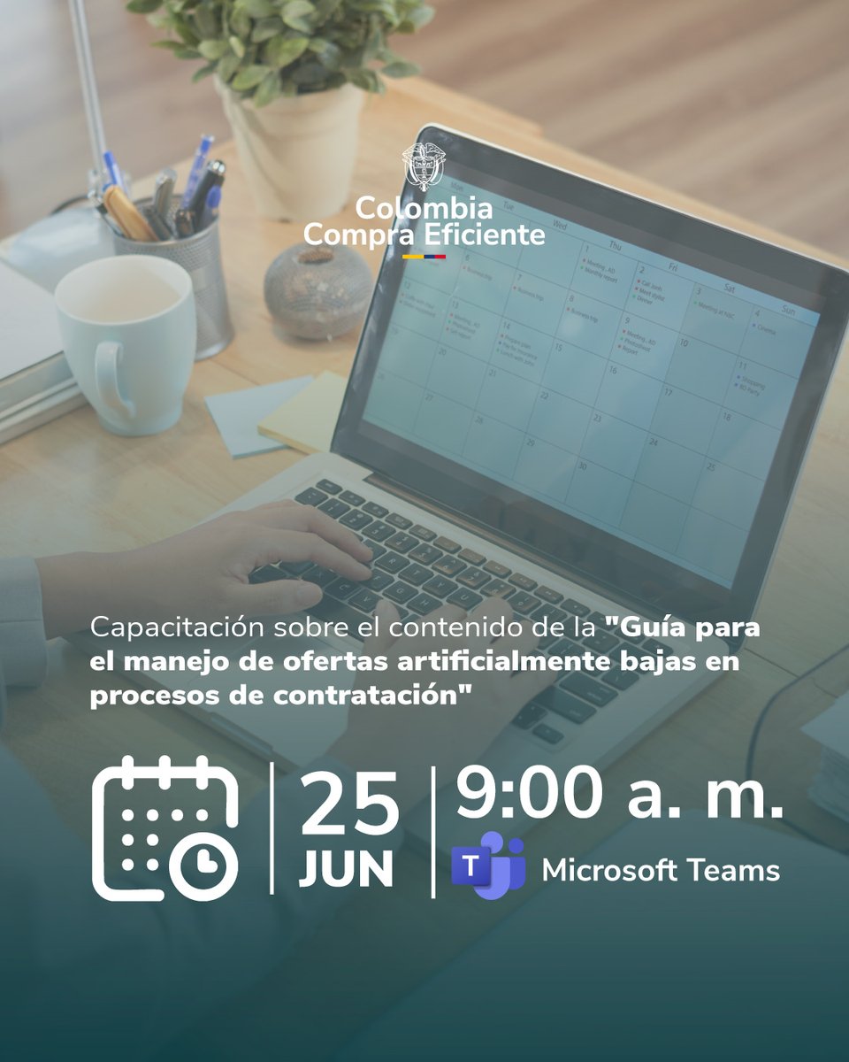 colombiacompra's tweet photo. 📢 ¡Atención! Capacitación virtual sobre la Guía para el manejo de ofertas artificialmente bajas en contratación 🧐
🗓️ 25 de junio | 🕘 9:00 a. m.
📍 Microsoft Teams
https://t.co/PN5HPG4gxF
🔗 ¡No te la pierdas!
#ComprasPúblicas #ContrataciónEstatal #ColombiaCompra https://t.co/d3rwUMGStD