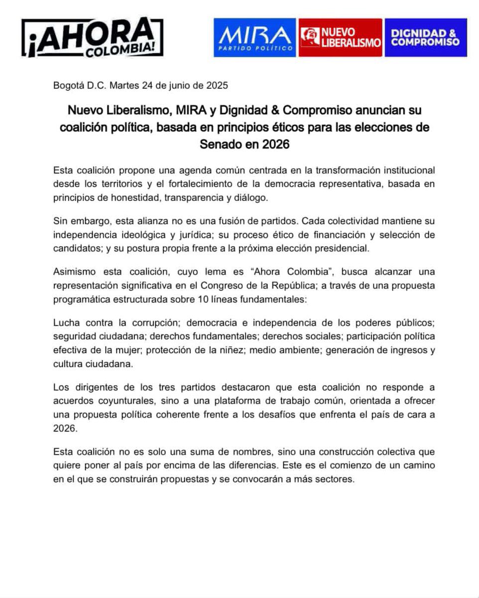 #AhoraColombia | “Esta coalición propone una agenda común centrada en la transformación institucional desde los territorios y el fortalecimiento de la democracia representativa, basada en principios de honestidad, transparencia y diálogo”.