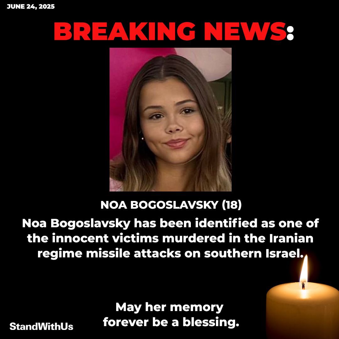 May her memory forever be a blessing. 🕯️She was murdered alongside her partner IDF Corporal Eitan Zacks. The Iranian regime’s missile and drone attacks murdered 29 people and injured over 3,000 others across Israel.