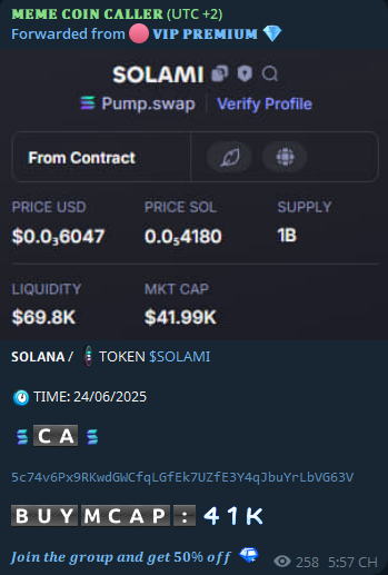 dolphincalled's tweet photo. 🪙 𝗦𝗢𝗟𝗔𝗡𝗔 
#AURA #TOOFY #OBVIOUS #SNIBBU #ZENAI #YOU #OPAIUM #ROBOTAXI #XCHAT #NOBODY #GIGAMASK #IG

TIME: 24/6/2025 #SOLAMI

CA: 5c74v6Px9RKwdGWCfqLGfEk7UZfE3Y4qJbuYrLbVG63V

𝐂𝐀𝐋𝐋 41𝐊📈𝐇𝐈𝐓 794K 

WIN: 19.3X

FOLLOW TG: https://t.co/PTkIzpFb6Y 
#Solana #memecoins https://t.co/m8rLYAsWfX