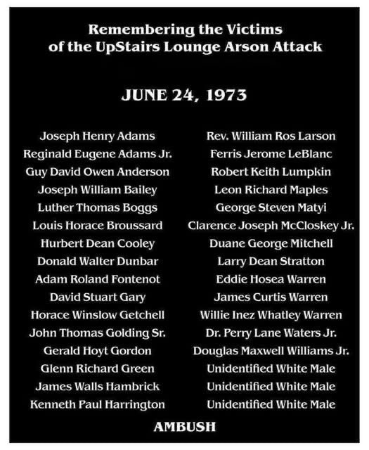 AmbushMag's tweet photo. Today, we’re remembering the victims of the UpStairs Lounge Fire in New Orleans, LA on June 24, 1973. Gone but never forgotten! 💔🏳️‍🌈🏳️‍⚧️ #upstairslounge #ambushmag #LGBTQ #nola https://t.co/xhHR8oP7uo