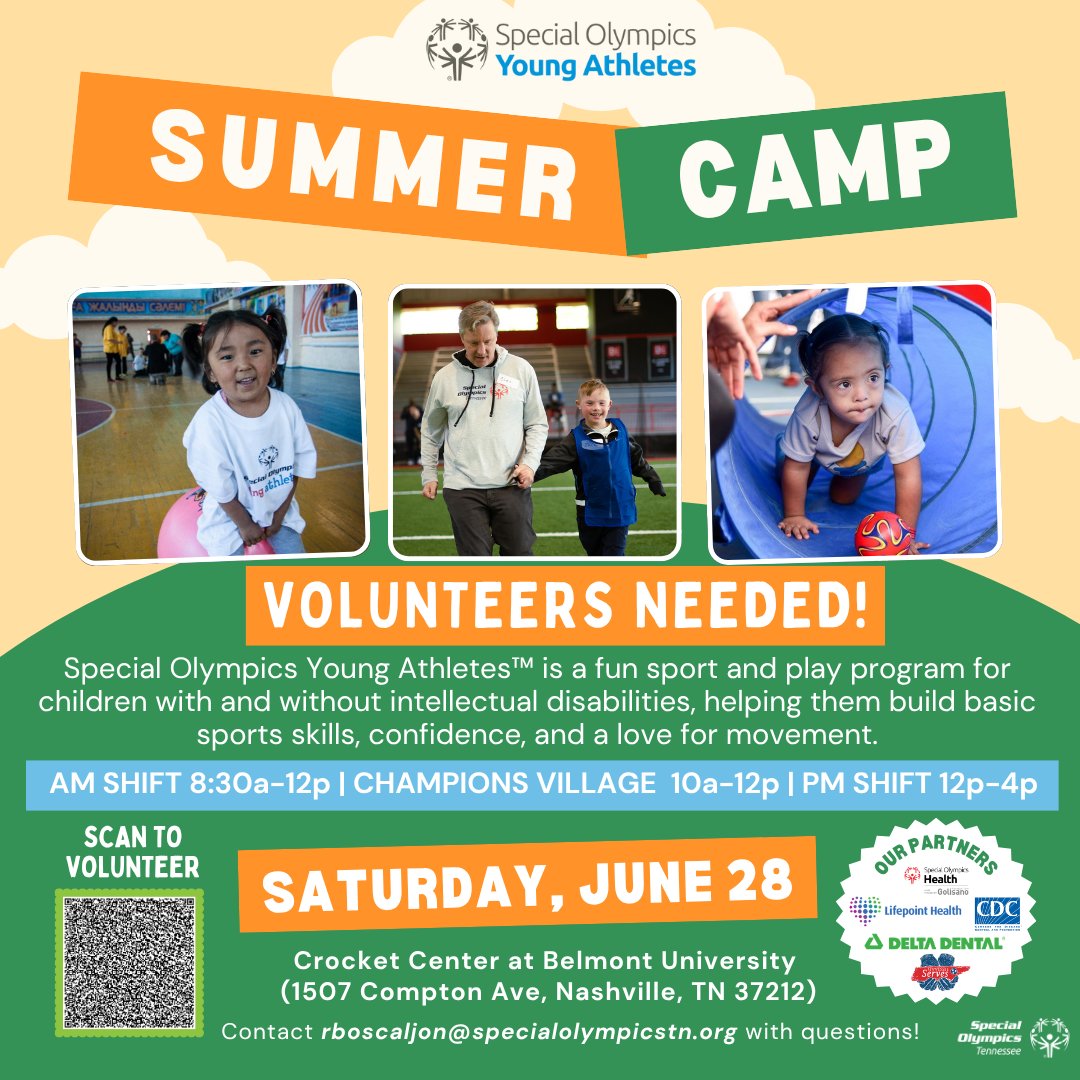 First Lady Maria Lee (@marialeetn) on Twitter photo Don’t miss out on this Middle TN volunteer opportunity!
<a href="/SOTennessee/">Special Olympics TN</a> Young Athletes is hosting their summer camp for kids aged 3 - 12 with & without intellectual disabilities. Volunteers will help to set up the event, become athlete buddies, & lead sport drills & competitions. Don’t miss out on this Middle TN volunteer opportunity!
<a href="/SOTennessee/">Special Olympics TN</a> Young Athletes is hosting their summer camp for kids aged 3 - 12 with & without intellectual disabilities. Volunteers will help to set up the event, become athlete buddies, & lead sport drills & competitions.