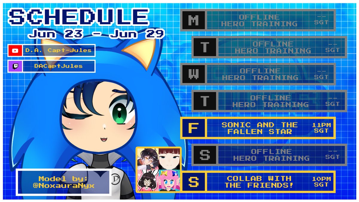 (Tentative) Schedule for 23 June - 29 June 🦸🔑
Things still busy, so hoping for another try
Fri (27 June): Sonic and the Fallen Star ($1, 3 tries)
Sun (29 June): Another collab with some cool people
<a href="/Zenhsi/">Zenhsi🪷</a> <a href="/MelwithaC/">Mel with a C 💖 Bunny VTuber 🐰</a> <a href="/ShirouMCh/">Shirou Mutan 📋🤔| Vchoober (?)</a> <a href="/AyurisuVT/">📂 Ayurisu 💾 || Save Point VTuber</a> 
See y'all there!