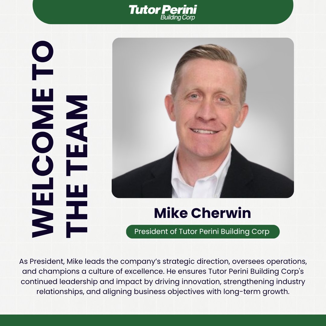 We're excited to welcome Mike Cherwin as President of Tutor Perini Building Corp! With 30 years of construction leadership, Mike brings proven expertise &amp; vision to the TPBC team. Join us in welcoming him! 🏢✨

#leadership #construction #teamtpbc #executiveannouncement #welcome