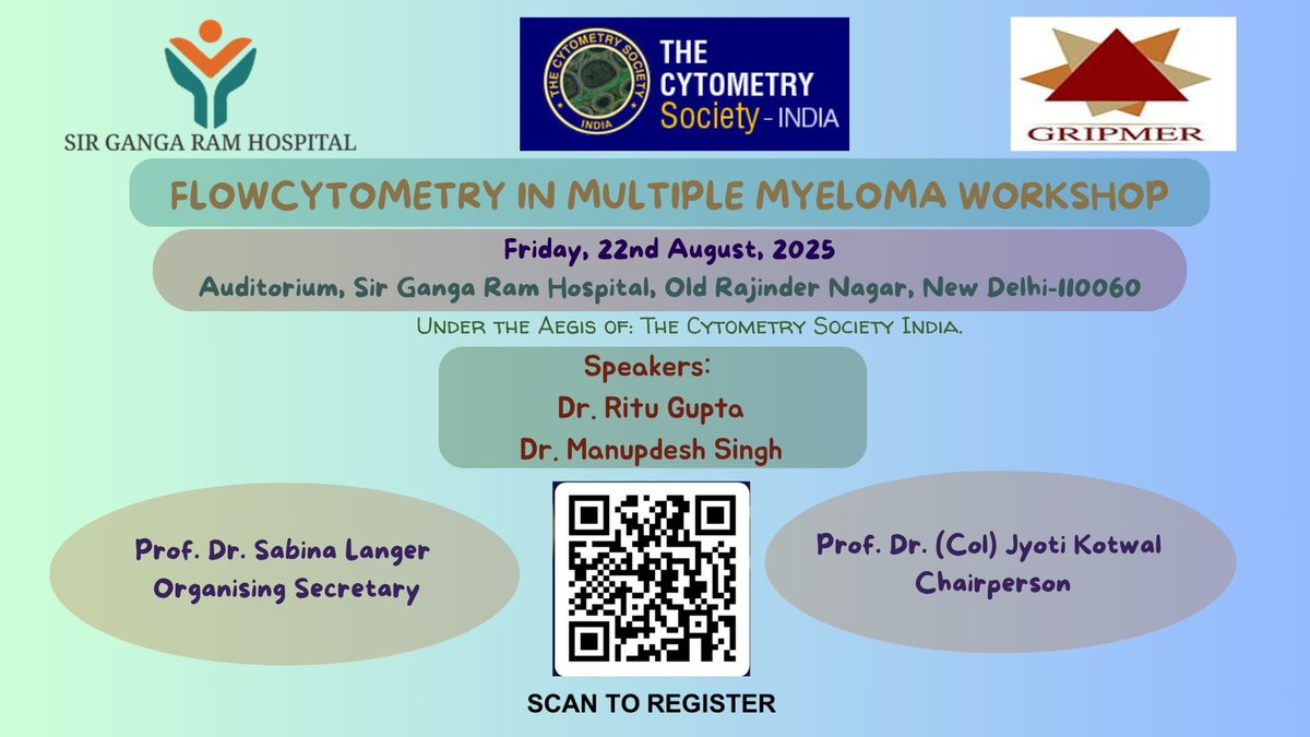 CytometryIndia's tweet image. Flow Cytometry in Multiple Myeloma Workshop @SRGH, Delhi on 22nd August 2025
Click here for registration forms.office.com/r/MU8rXDx8qZ
#flowcytometry,#MultipleMyeloma, #cytometry, #ICS