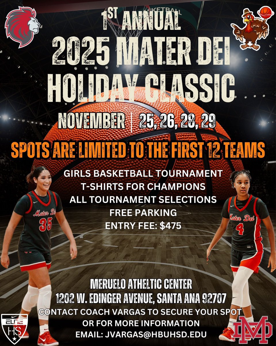 1st Annual 2025 Mater Dei Holiday Classic - Nov. 25-29
•T-Shirts for Champions
•All-Tournament Team Selections
•Hospitality Room For coaches
•Tournament Book Provided
•Free Parking
•Entry Fee: $475 Before Sept. 10 &amp; $500 After Sept. 10

DM IF INTERESTED!!