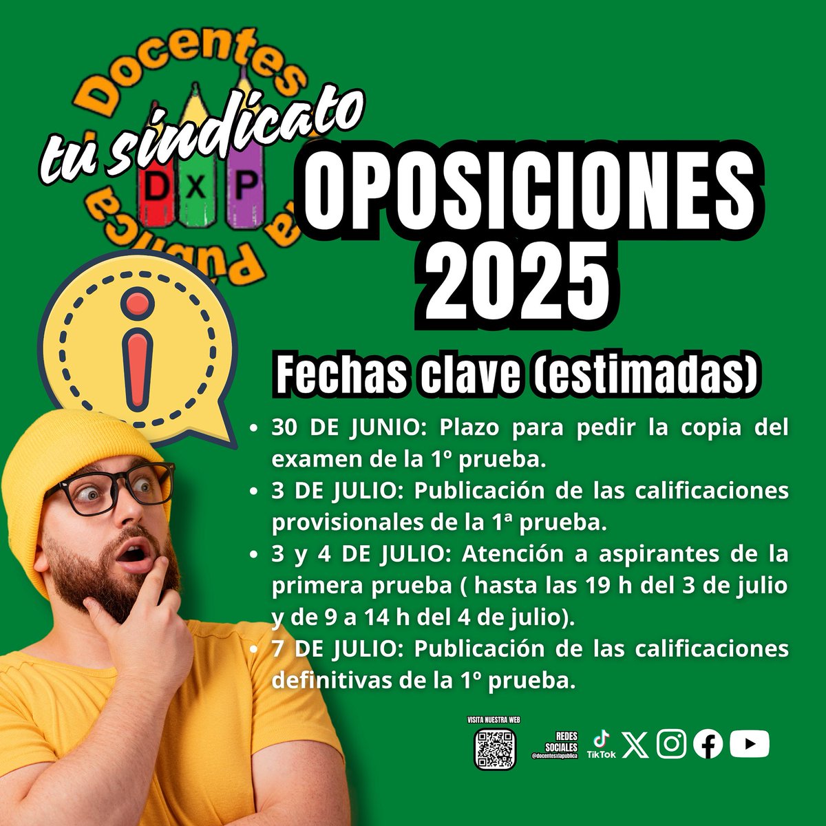 📢 ¡ATENCIÓN OPOSITORAS Y OPOSITORES! 📝
🔍 Estas son las fechas clave (estimadas) tras la primera prueba de las #Oposiciones2025 en Andalucía.
Toma nota y planifica tus próximos pasos con antelación:

🧡 Desde Docentes por la Pública te acompañamos en cada etapa del proceso.