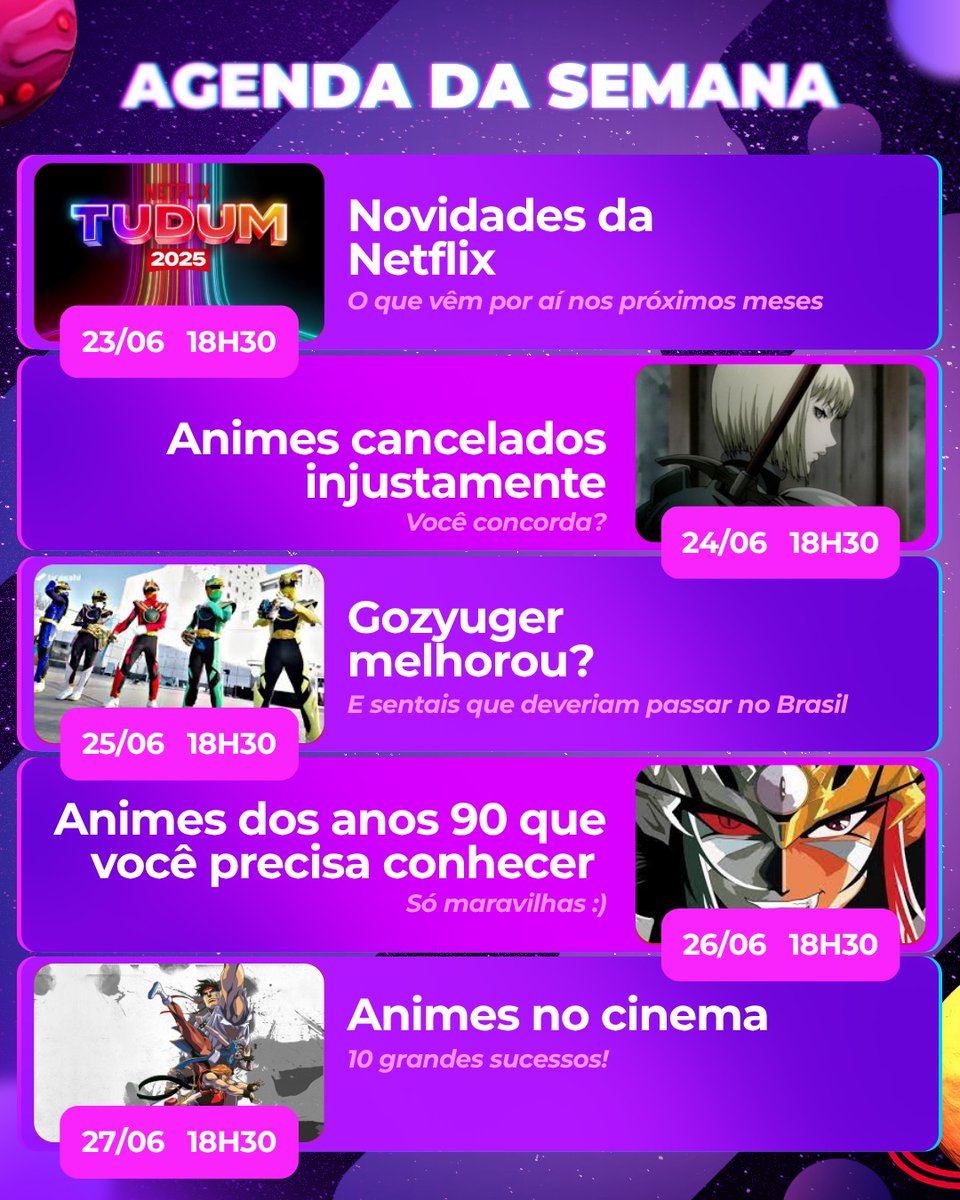 Agendinha da semana chegando, tem sentai, tem anime clássico, tem filmaço de anime e muito mais! Não esqueçam de ligar na <a href="/tvcultura/">TV Cultura</a> as 18:30 ou se não conseguir,  assista a gente no YouTube do <a href="/comantimateria/">Antimatéria</a>