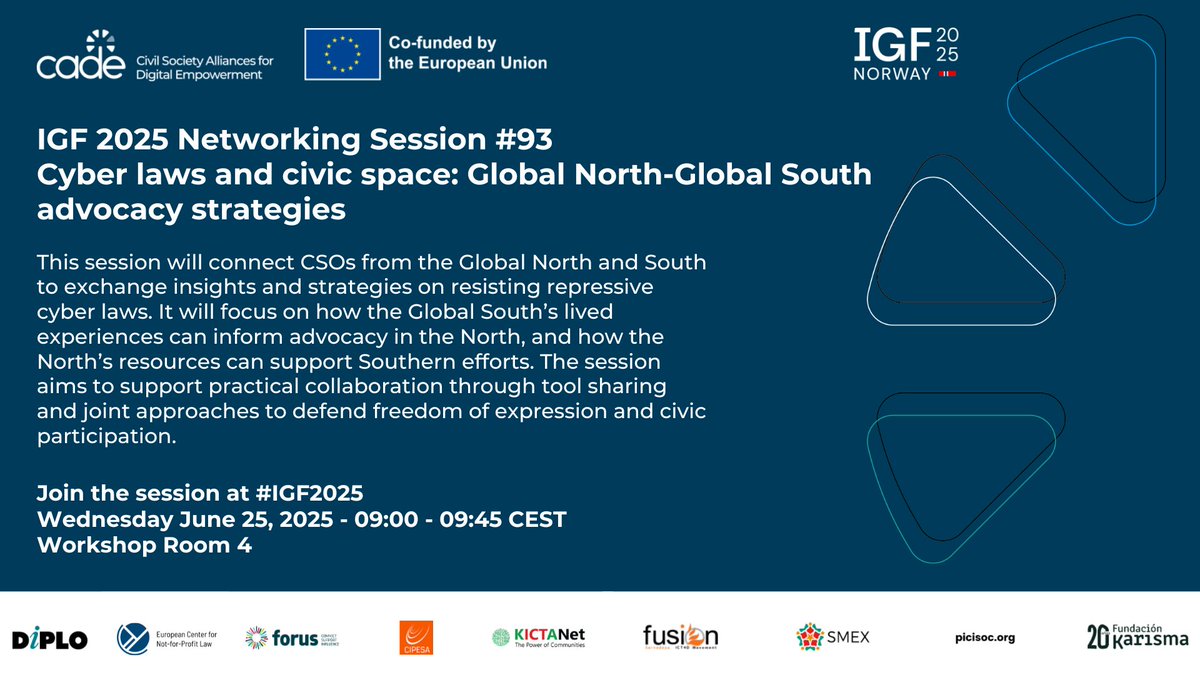 🗣️#NS93 at #IGF2025

Join CADE’s roundtable on cyber laws and civic space, where we’ll explore global south–global north advocacy strategies.

🗓️Wednesday, 25 June
🕘09:00-09:45 (UTC +2)
📍Workshop Room 4

Learn more 🔗igf2025.sched.com/event/24GLf/ne…

#CADE #cyberlaws #advocacy