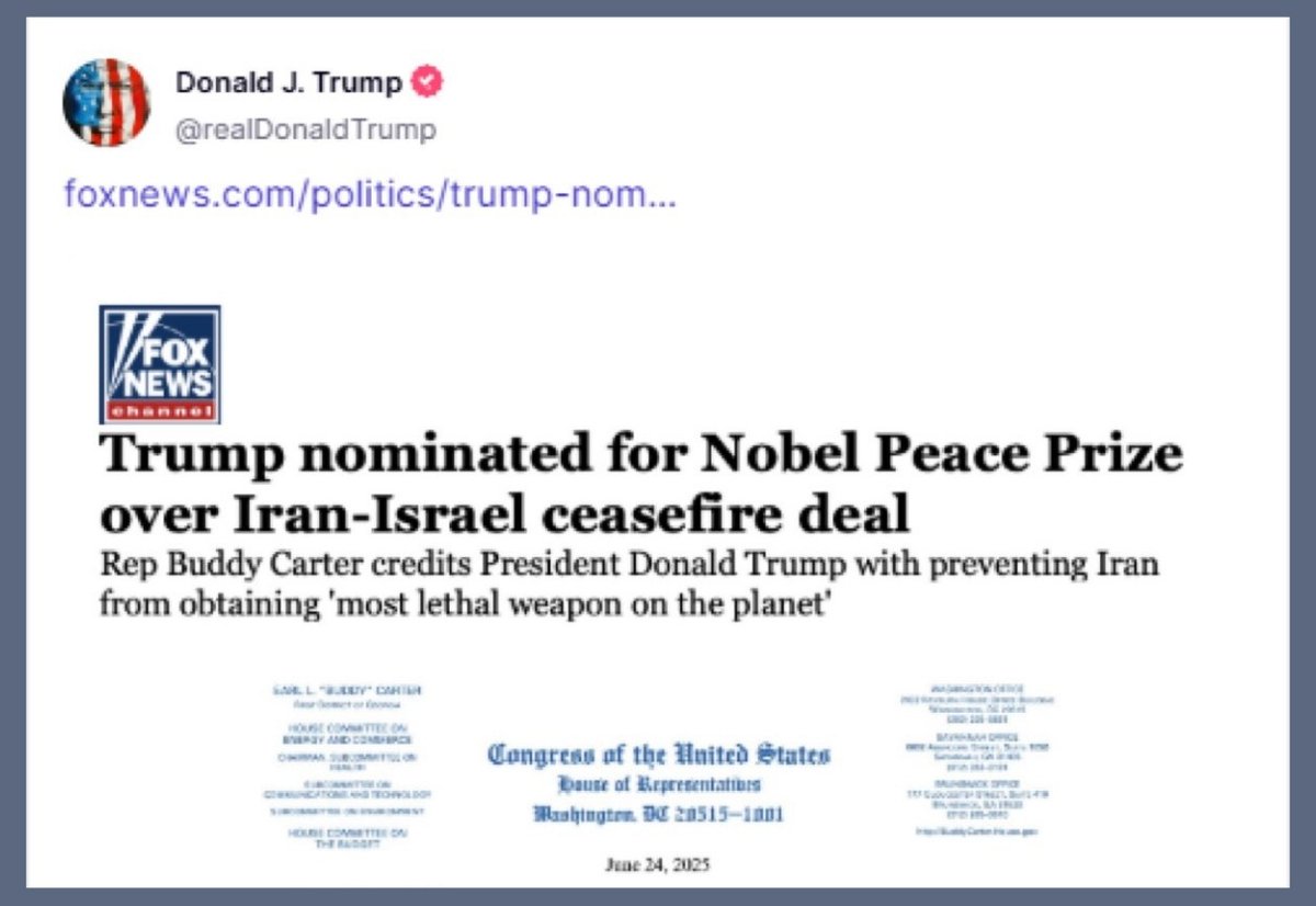 ElNecio_Cuba's tweet photo. El propio Trump anuncia en su propia red social (Truth Social) su nominación al Premio Nobel de la Paz por el "cese al fuego" entre Israel e Irán. El surrealismo yanqui no tiene límites 🤡 https://t.co/WjjbU5ndQk