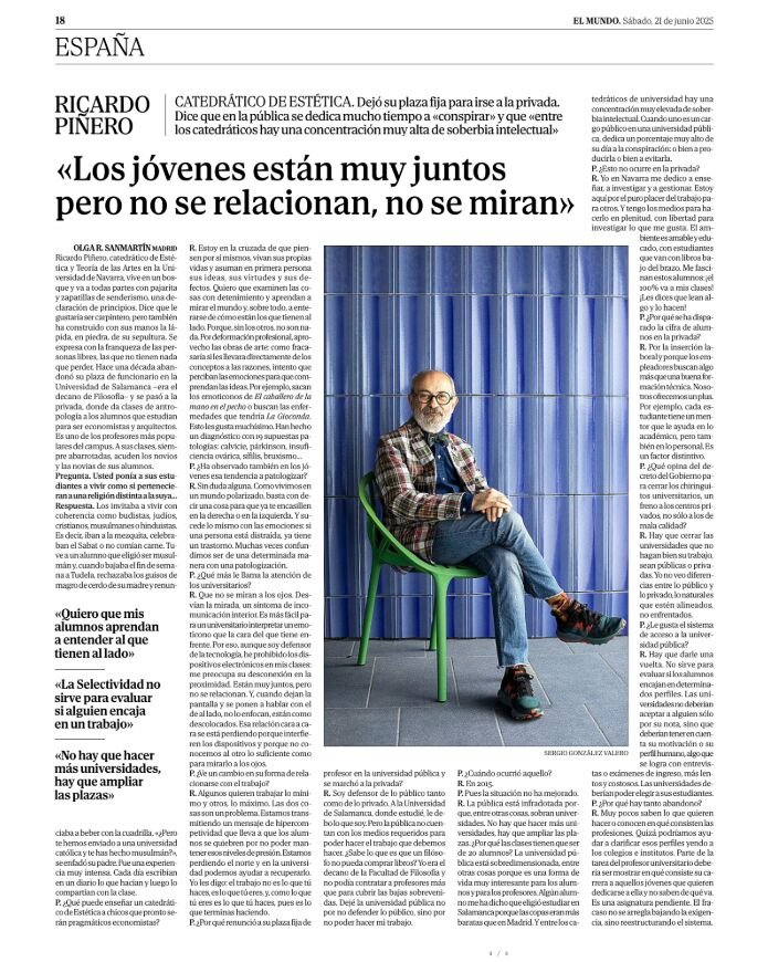 «Algo que me llama la atención de los universitarios es que no se miran a los ojos. Desvían la mirada, un síntoma de incomunicación interior. Les es más fácil interpretar un emoticono que la cara de enfrente». Gran entrevista de <a href="/olgarsanmartin/">Olga R. Sanmartin</a> a mi colega <a href="/rpmbestiario/">ricardo piñero moral</a>.