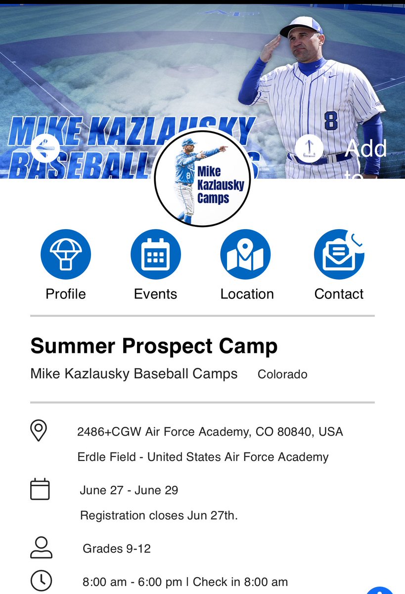 Can’t wait to be in Colorado Springs for the prospect camp! <a href="/AF_Baseball/">Air Force Baseball</a> <a href="/UCCSBaseball/">UCCS Baseball</a> <a href="/CSUPueblo/">CSU Pueblo</a> <a href="/UNC_BearsBSB/">UNC Baseball</a> <a href="/NMMI_Baseball/">New Mexico Military Institute Baseball</a> <a href="/NMHUBaseball/">NMHU Baseball</a> <a href="/GoArmyWestPoint/">ArmyWestPoint Sports</a>