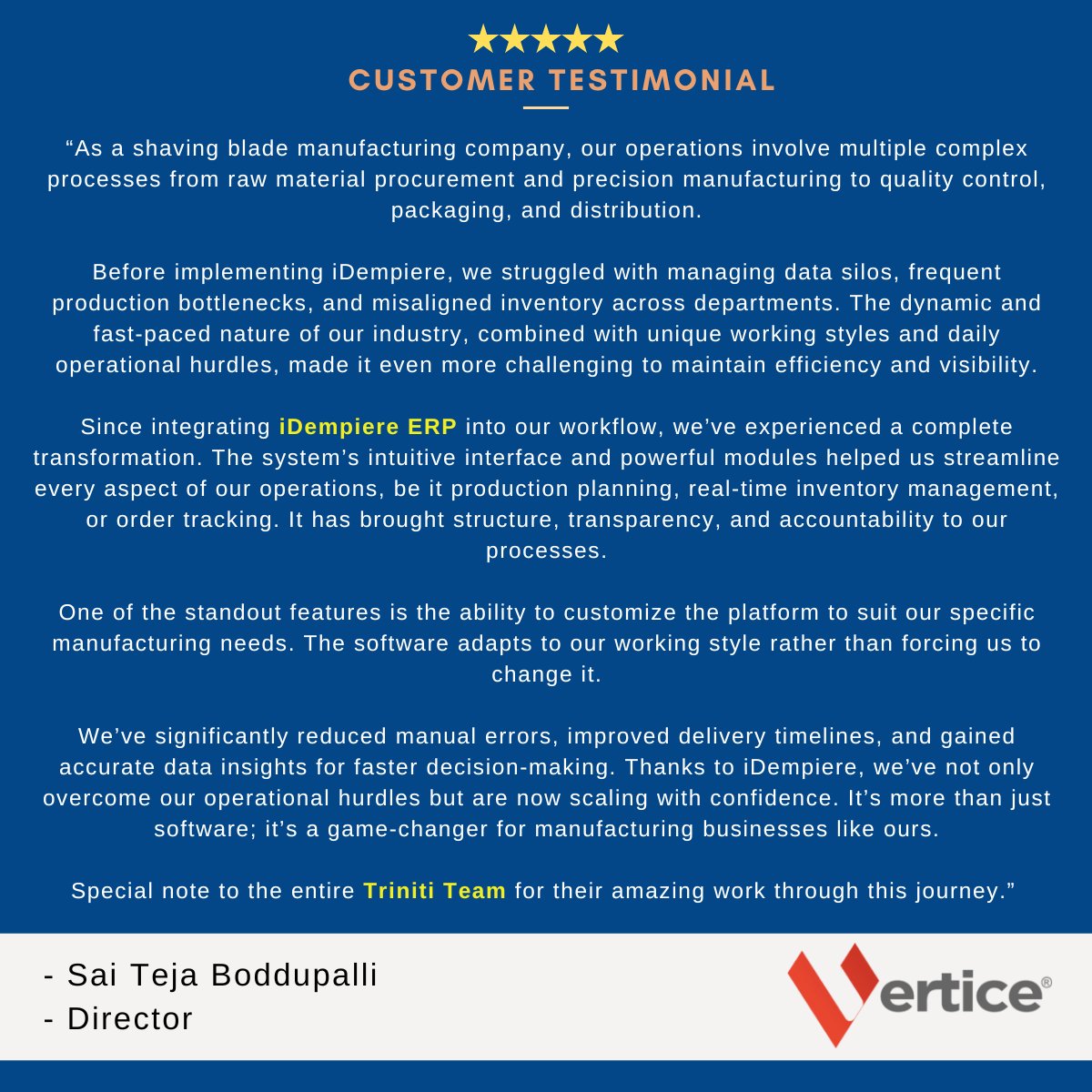 TrinitiCorp's tweet photo. 🌟Success Story🌟
We are glad to witness the positive impact of our work on our customers and are delighted to share this testimonial from Vertice Global Pvt. Ltd. 
Click here to read the customer success story
https://t.co/PzSYd7J8CM https://t.co/YbCnsp9qSw
