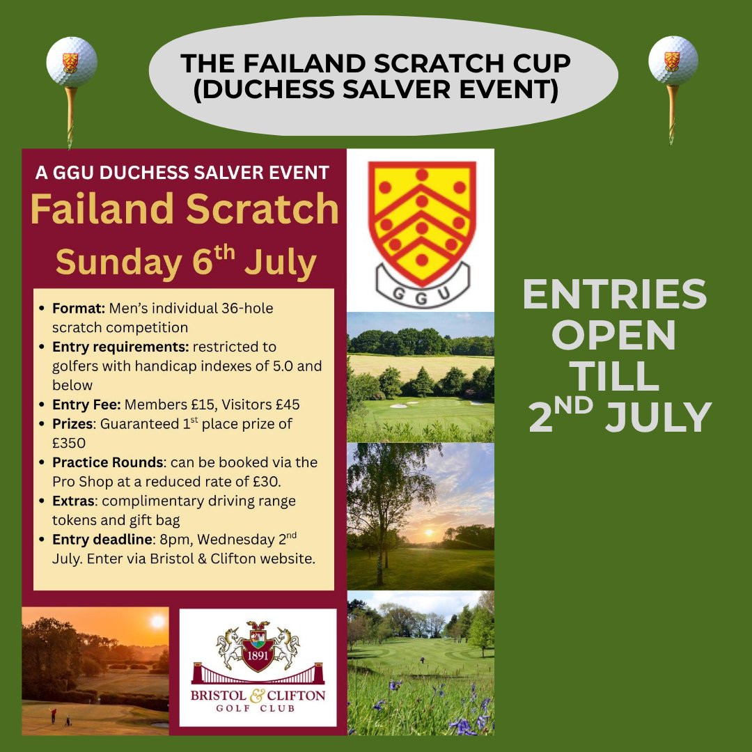 DUCHESS SALVER event - The Failand Scratch Cup being played at Bristol &amp; Clifton GC on Sunday 6th July is OPEN to entries till 2nd July. Have you got your entry in yet? ow.ly/Rm9450WfBkr #Gloucestershire #DuchessSalver  #BristolAndClifton #AmateurGolf
