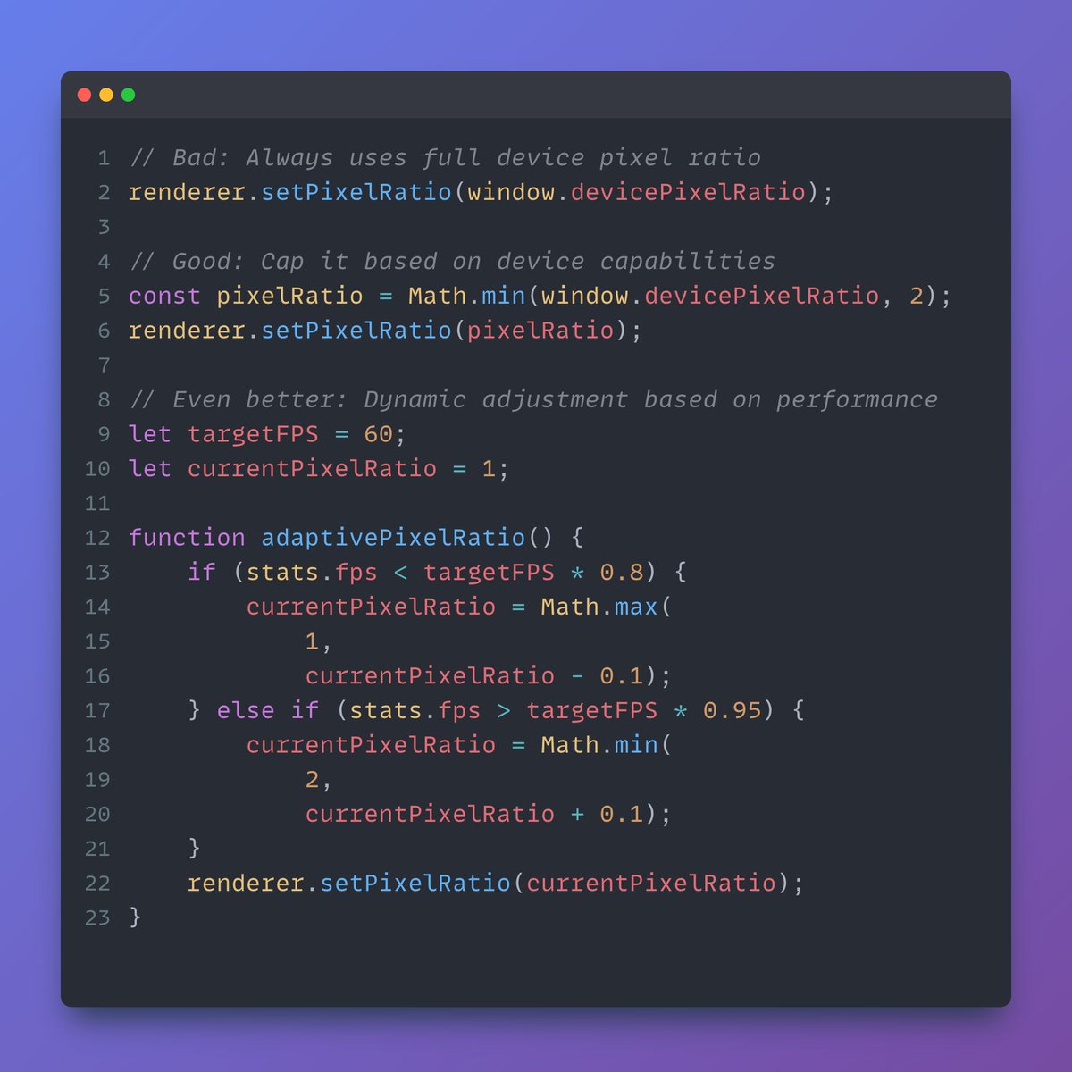 dangreenheck's tweet image. 💡 Three.js Tip of the Day #8
Use `renderer.setPixelRatio()` strategically for mobile optimization. Don&apos;t blindly use `window.devicePixelRatio` - it can kill performance on high-DPI devices.

Follow for more daily #threejs and #webgl tips!

📚 Want to become a Three.js expert?…