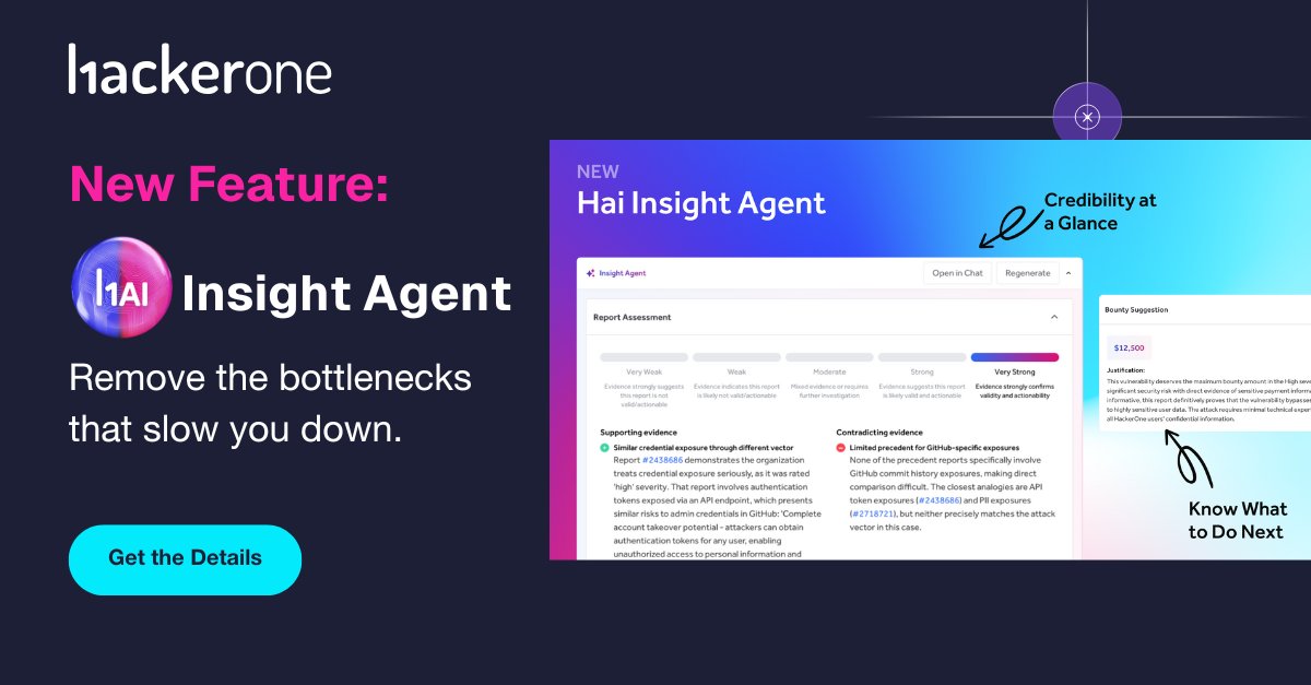 Hacker0x01's tweet image. Too many findings, not enough clarity?
Hai Insight Agent cuts through the noise—summarizing each report, assessing credibility, linking similar past findings, mapping the attack path visually, and recommending severity levels and bounty rewards.
It’s like having a teammate who…