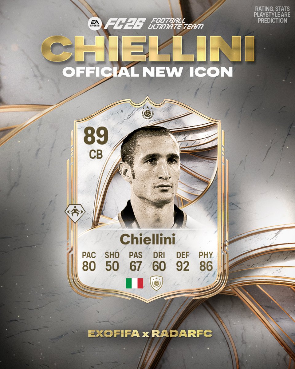 WeaverFUT's tweet photo. 🚨Chiellini 🇮🇹 is CONFIRMED for FC 26! #EAFC26

He will be an Icon and give Icon Chemistry for every card in your squad EXCEPT for Bukayo Saka ❌ https://t.co/P5naUCB2aw