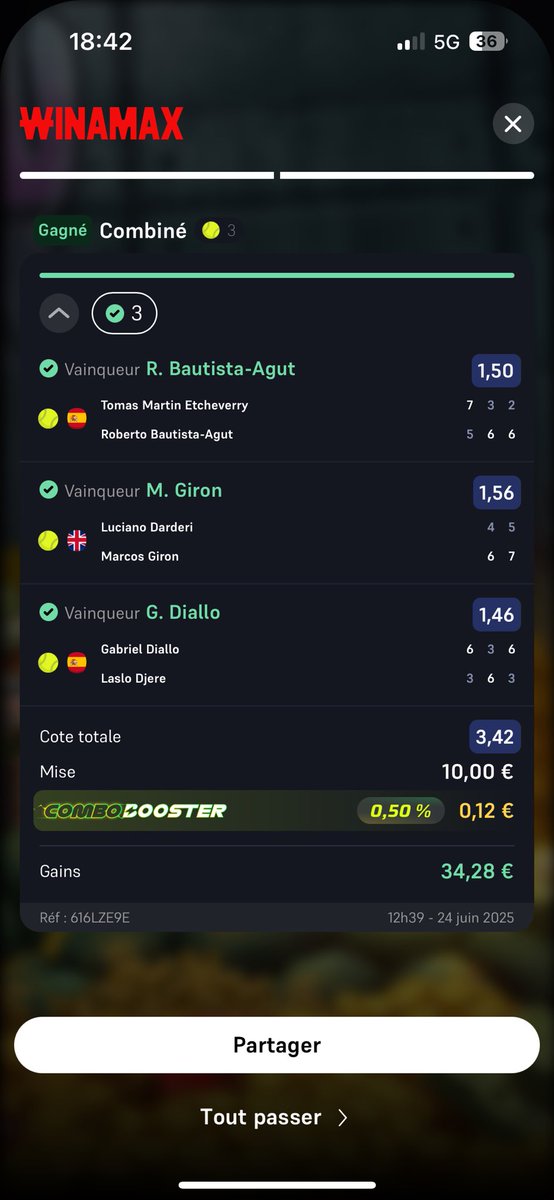 Bet2Brothersoff's tweet photo. ✅ COMBINÉ VALIDÉ ✅
🎾 Le retour gagnant, c’est pas qu’un coup au tennis… c’est notre spécialité ! 😎
34,28€ dans la bankroll 🎾💸

📈 On serre le jeu, et on enchaîne demain 👊
#Win #Wimbledon #ParisSportifs #ATP #TeamParieur 
@WinamaxSport https://t.co/A5zNS8Iz3C