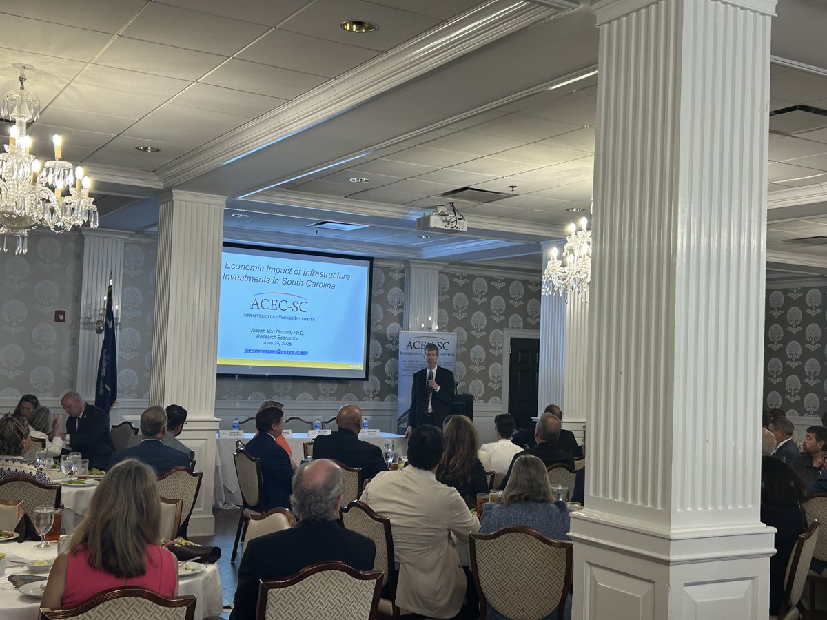 Dr. Joey Von Nessen, Research Economist with the USC Darla Moore School of Business, giving an overview of our study findings at today’s Launch &amp; Luncheon. Thank you for your efforts in making this study possible.
For more info about our study, Click Here: infrastructureworks.org/research