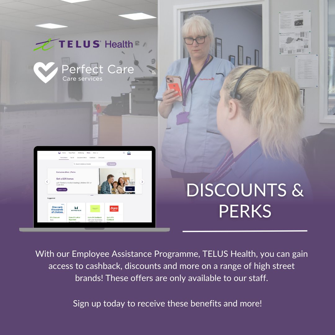 PerfectCareNE's tweet image. All our #care staff can gain access to our #EmployeeAssistanceProgramme, #TELUSHealth for FREE! #TELUS provides blogs with financial and #wellbeing advice as well as #discounts and #cashback.

Email tilly.brown@dalecare.co.uk to received your invitation email!