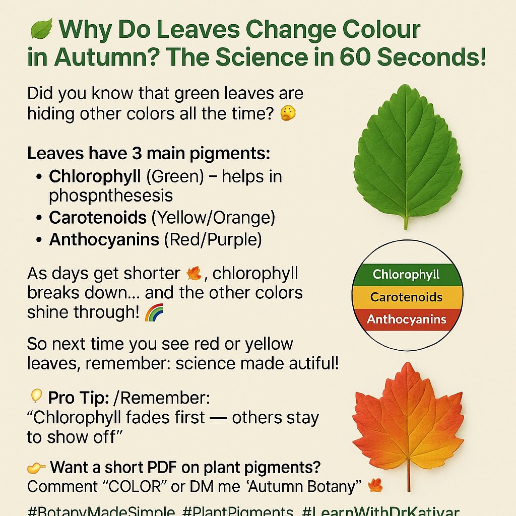ProfessorSunil's tweet photo. “🍃 Why Do Leaves Change Colour in Autumn? The Science in 60 Seconds
Did you know that green leaves are hiding other colors all the time? 🤔

✔️ Leaves have 3 main pigments:

Chlorophyll 

#BotanyMadeSimple #PlantPigments #LearnWithDrKatiyar #TutorXBotany #StudyScienceDaily https://t.co/D0xwkQAY24