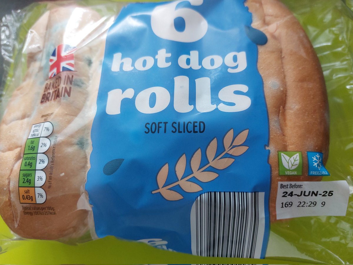 SeasiderSarah's tweet photo. @AldiUK Just got these hot dog buns out of my bread bin where they have been,unopened, since purchased last Friday. The Best By date on them is today, 24th June, is this acceptable?? #mouldybuns https://t.co/Gl0TzYvpUz