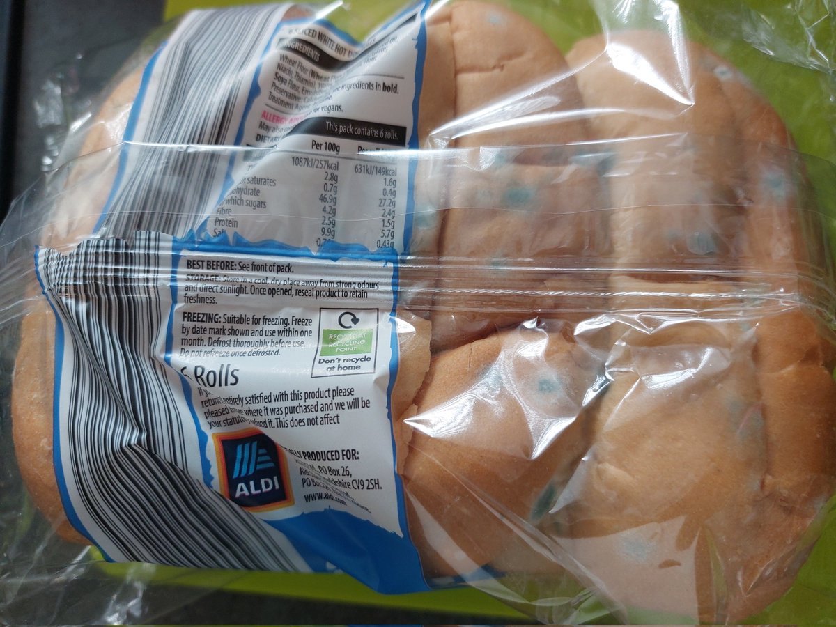 SeasiderSarah's tweet photo. @AldiUK Just got these hot dog buns out of my bread bin where they have been,unopened, since purchased last Friday. The Best By date on them is today, 24th June, is this acceptable?? #mouldybuns https://t.co/Gl0TzYvpUz