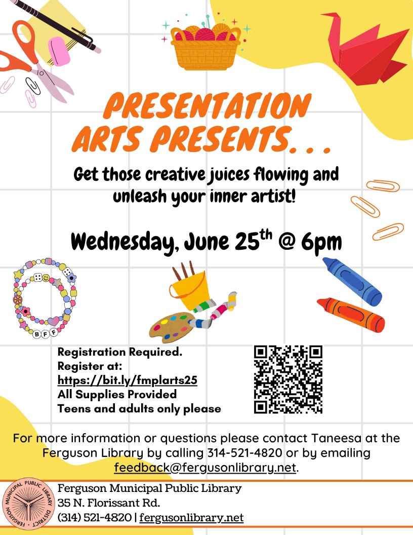 Tomorrow night at 6 pm! Join us and Presentation Arts as they walk us through gel printmaking. For teens and adults. Register at bit.ly/fmplarts25 to save your spot.
