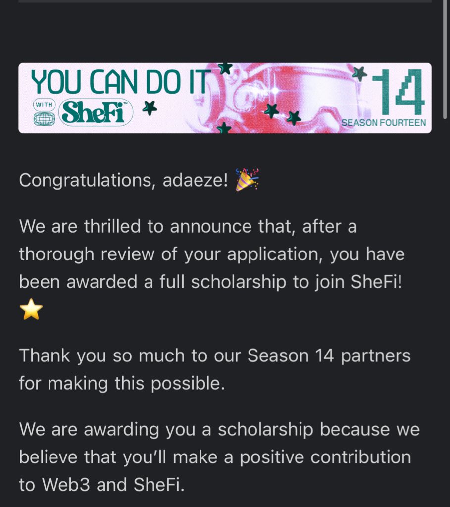 Just secured my spot in #SheFiSeason14! 🚀 Grateful to <a href="/shefiorg/">shefi.eth (💫,💫)</a> for the opportunity to grow, build, and break barriers in the tech space. This captures the start of something powerful, the future is female, fearless, and full of possibilities. 💫 Let’s go!