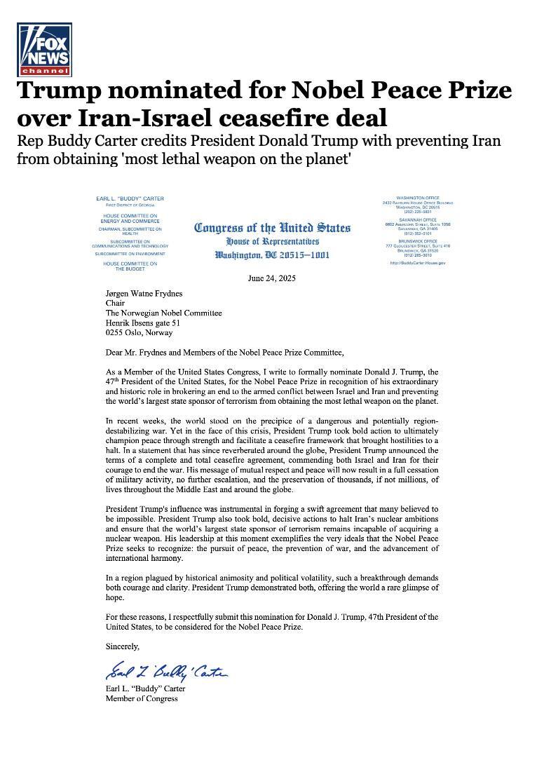 🚨 BREAKING: 🚨 IMPORTANTE: Trump nominato per il Premio Nobel per la Pace per i suoi sforzi nel risolvere il conflitto Iran-Israele, secondo FOX.