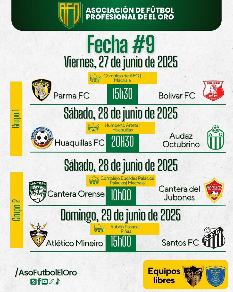 ⚽ ¡Se viene la jornada 9 y la pasión no se detiene! 🇪🇨🔥
"Los equipos están listos para dejarlo todo en la cancha, las gradas vibran con la energía de la hinchada y cada partido se vuelve decisivo.
¡La emoción del fútbol está más viva que nunca! 🏟️💛💙❤️ #AFO"