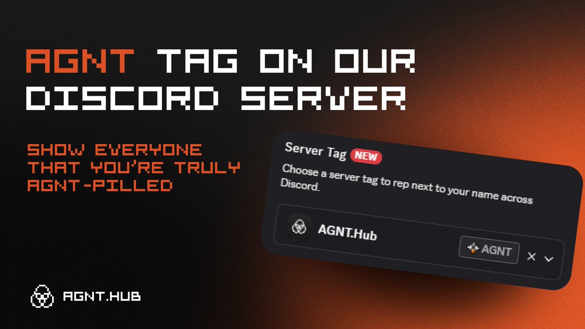 agnt_hub's tweet photo. Wanna let others know you’re truly AGNT‑pilled?

You can now equip the official AGNT server tag on Discord.

Join the server to get it: https://t.co/dVTtB6YSRe

How to set it up:

🔸 Head to Discord settings
🔸 Select “Profiles” category
🔸 Scroll to “Server Tag”
🔸 Pick AGNT.Hub

Simple as that.