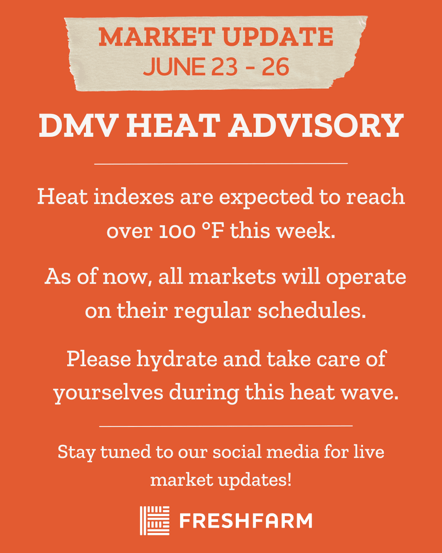 🥵 ☀️ It's hot! As of 6/24, our markets will stick to our regular schedule. We'd love you to include visiting our farmers markets as part of your sweaty week if that feels feasible &amp; safe. Please check our website &amp; socials for any late-breaking changes to market schedules.