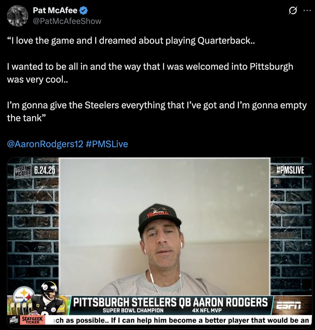 nwsportspod's tweet photo. (kinda) BREAKING: 4x NFL MVP Aaron Rodgers says he's "pretty sure" this is his last season in the League while on the @PatMcAfeeShow 

Clean Shave. Full Hearts. @nalfamale https://t.co/Sxp73R9sIe
