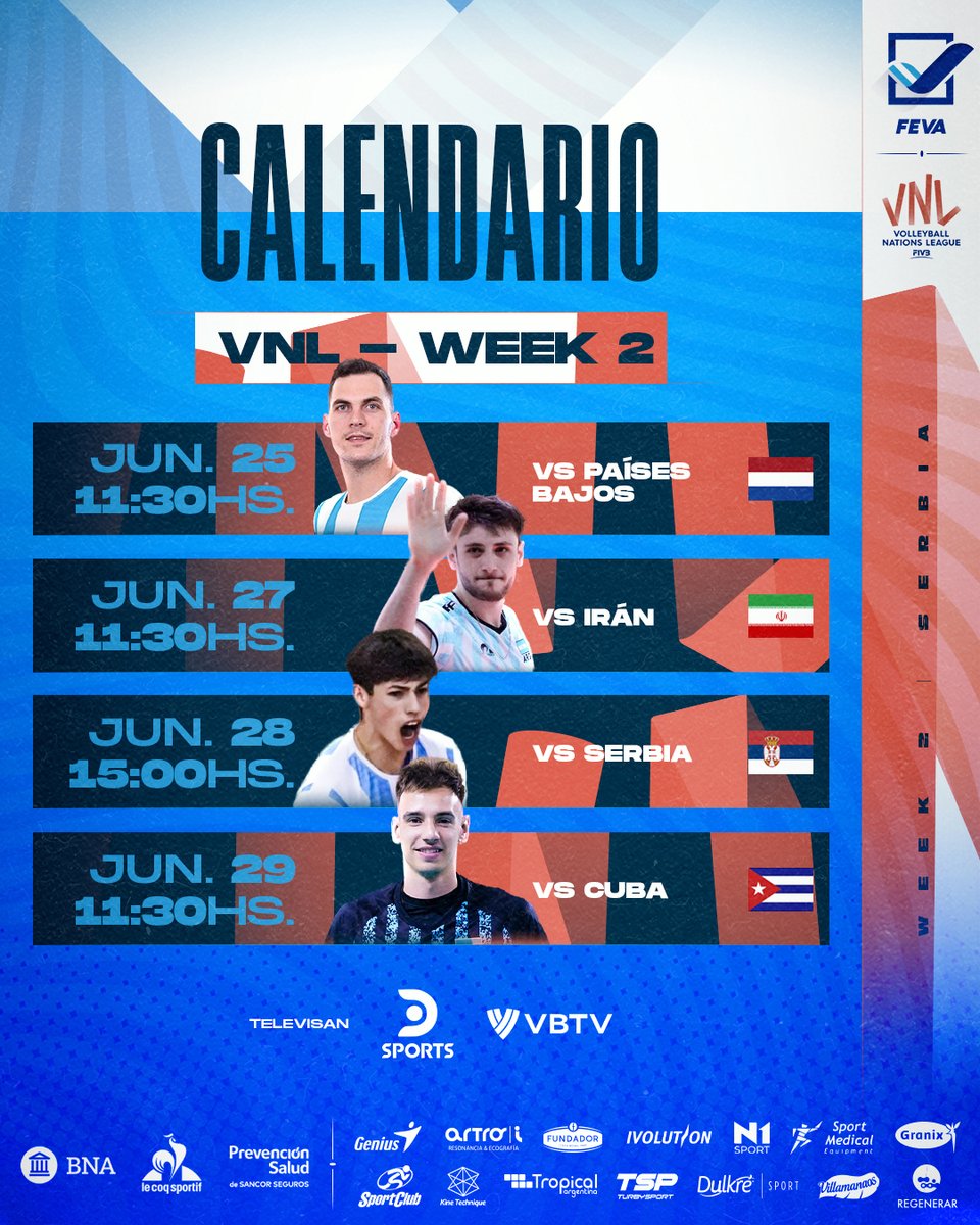 Voley_FeVA's tweet photo. #VNL ¡Cuenta regresiva para el Week 2 en Serbia 🇦🇷🙌!

👉 Argentina jugará desde este miércoles ante Países Bajos, Irán, Serbia y Cuba

📺 Transmite DirecTV Sports y VBTV

#VamosArgentina https://t.co/bPOzrUOVGZ