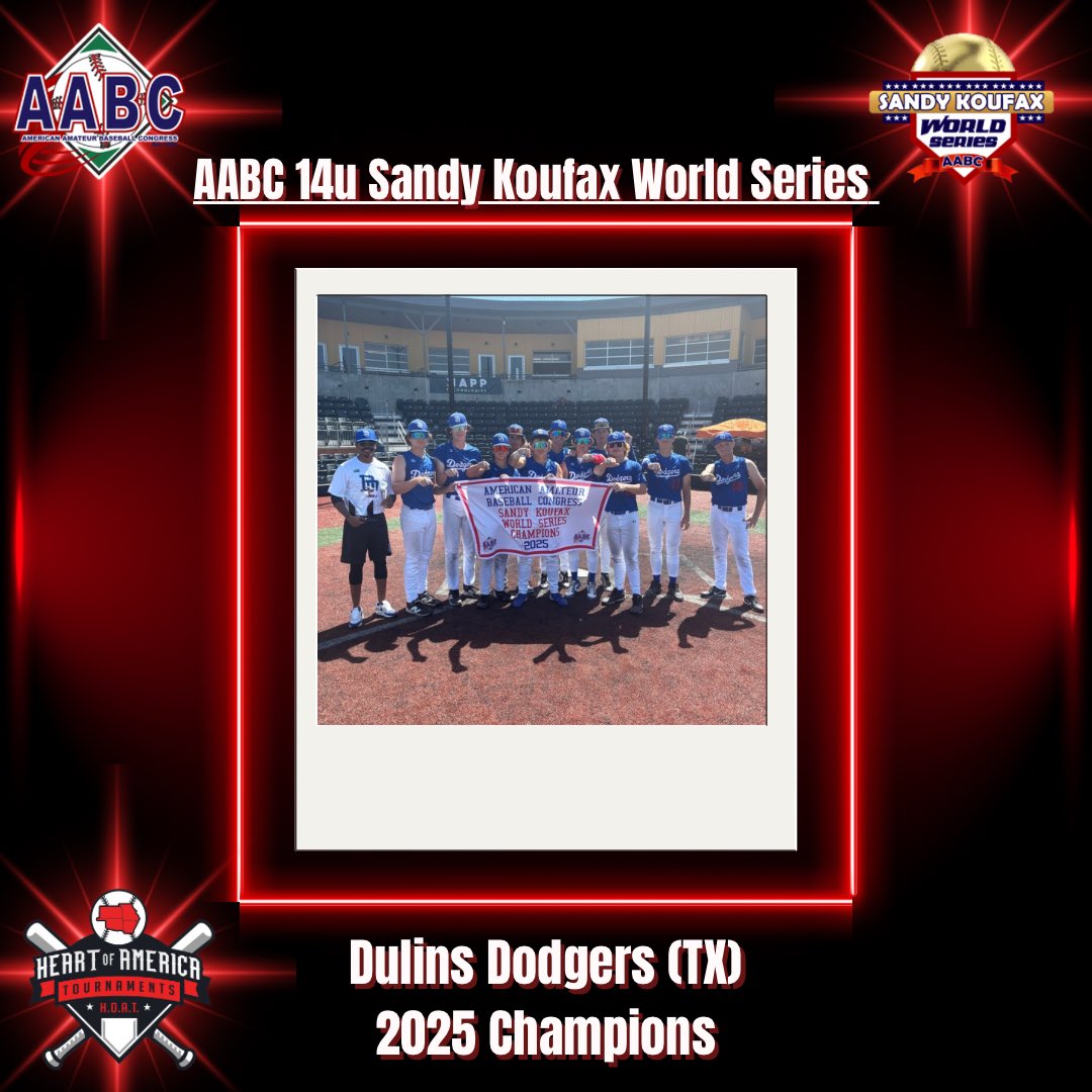 HOATournaments's tweet photo. Congratulations to the @DulinsTX on winning the 2025 14u AABC Sandy Koufax World Series!! 

Tournament MVP: Parker Ramsey

#AABC #HOAT 

@CoachHart24 @CoachHart12 @followaabc @aabc_south https://t.co/em2uXfl2BU