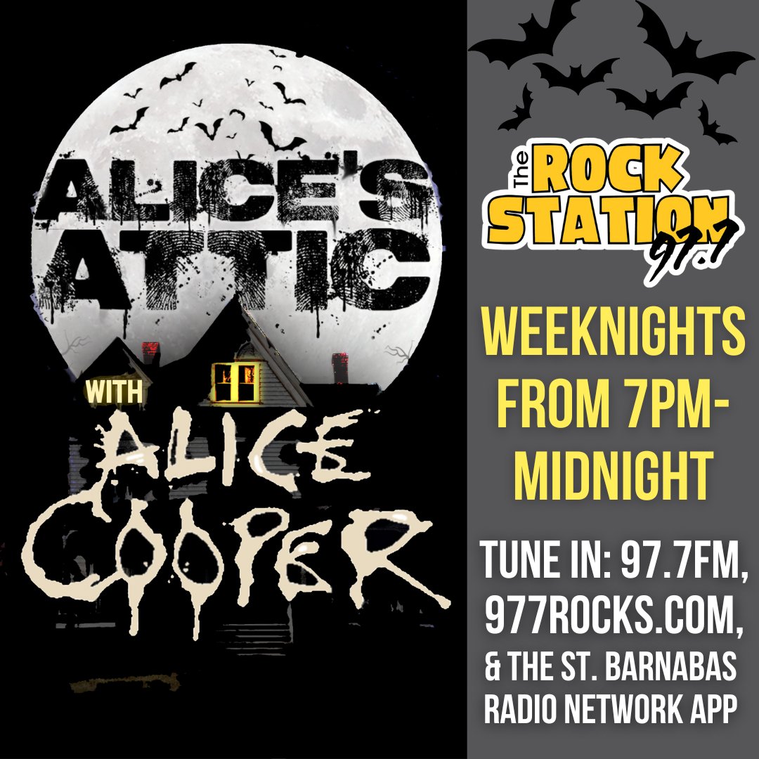 RockStation977's tweet photo. 🦇🎶 Listen to #AlicesAttic with #AliceCooper weeknights on TRS (7pm-midnight) as Alice takes you on an electrifying journey through rock's greatest hits!
Listen to #TheRockStation:
• 97.7FM • https://t.co/vbmnXHGHgu
• St. Barnabas Radio Network App
📨 alice@alicesattic.com https://t.co/HNUjdxHxSL
