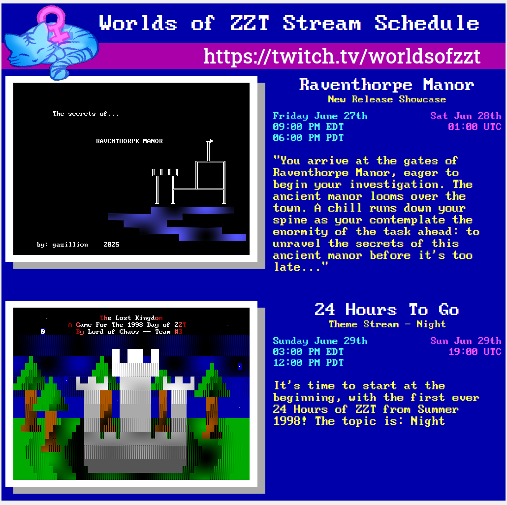 worldsofzzt's tweet photo. Presenting our schedule for this week. Watch along with us at https://t.co/Z7EwNwboP8 #stream_schedule #zzt https://t.co/E5DLAzOfpD