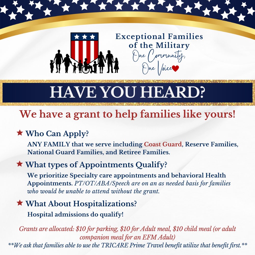 Have you applied for E.F.M.P. grant yet?  Click the link to our website below and apply!  Here at EFM, we want to help families where they need it the most and we hope that every little bit helps.  

exceptionalmilitaryfam.com/efmp-grant-fro…

#EFMP #EFMVoice