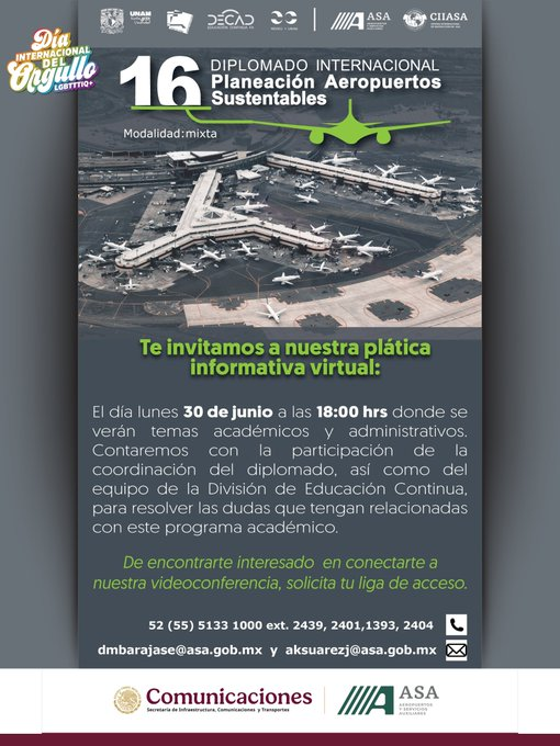 Únete al 16° Diplomado Internacional sobre Planeación de #Aeropuertos Sustentables. Este 30 de junio a las 18:00 en Zoom. Inscríbete ahora y sé parte del cambio. Enlace aquí: acortar.link/eF1xpQ  ID de reunión: 867 2357 5233 Código de acceso: 155493