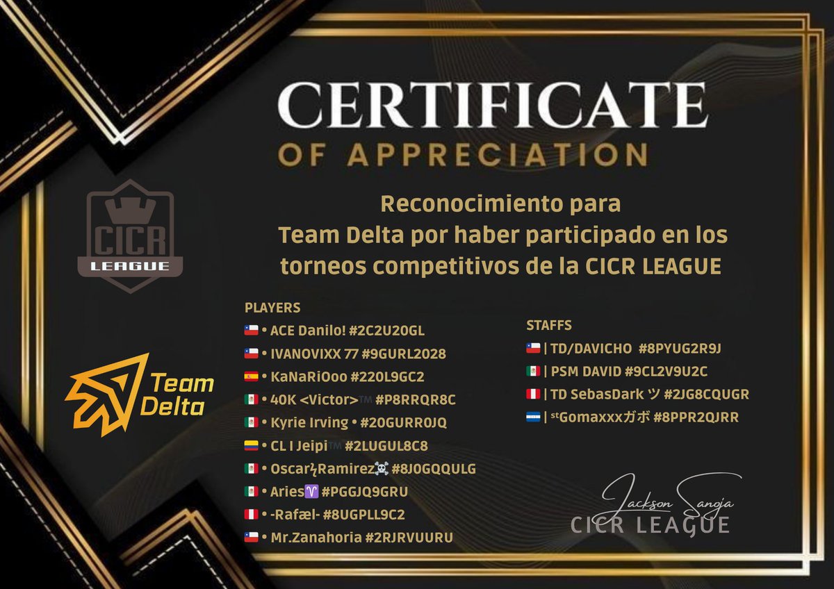 🏆 <a href="/clash_comu26150/">Comunidad Internacional Clash Royale</a>
🎖️Reconocimiento para
 <a href="/TDelta_CR/">Team Delta (Δ)</a> por haber participado en la CICR LEAGUE.🔥🔥🔥

#Clashroyale #CRL #CICR #clash_comu26150