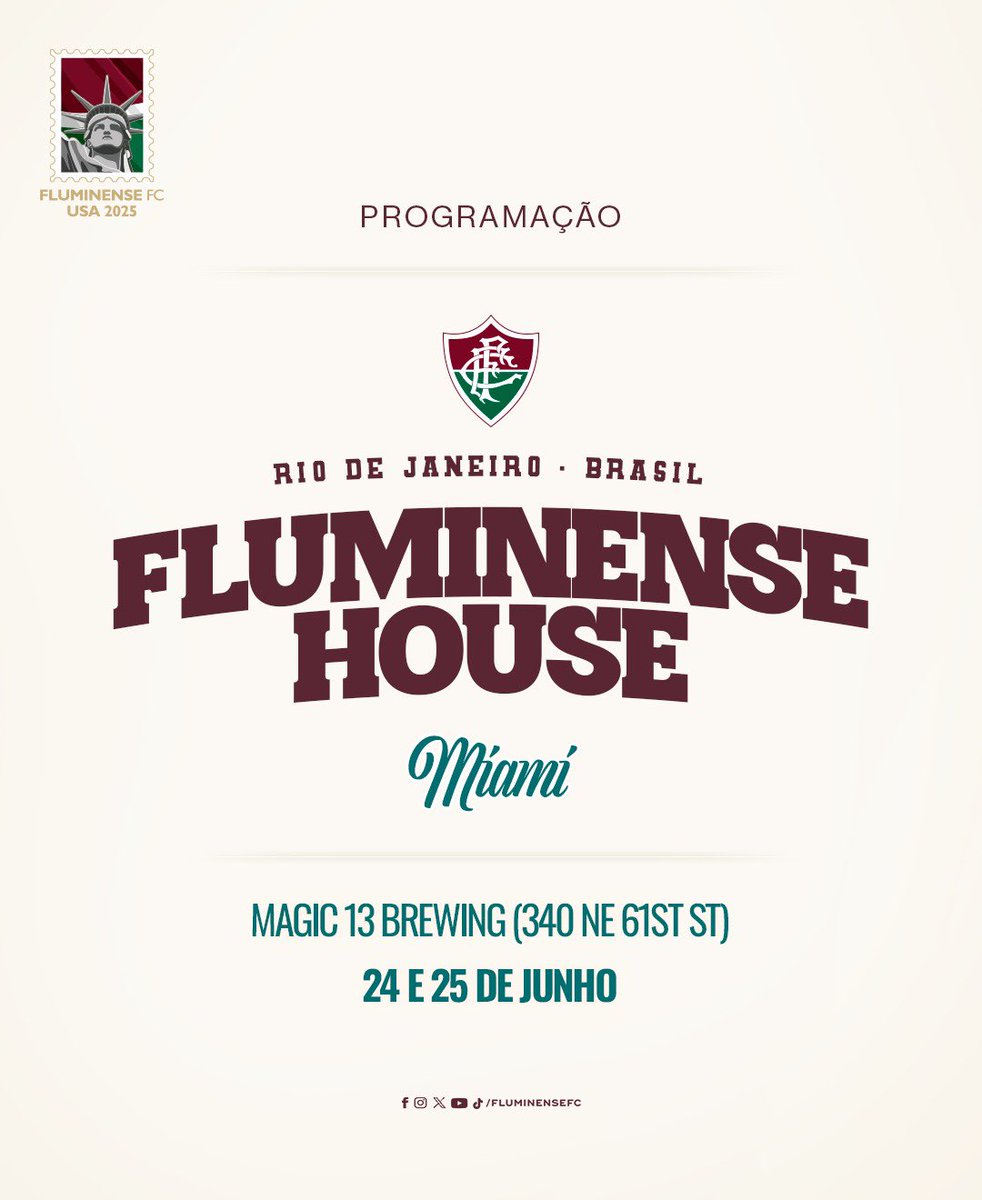 FluminenseFC's tweet photo. Chegou a vez de Miami! 

A #FluminenseHouse começa hoje a partir de 16h, no Magic 13 Brewing! Todos CONVOCADOS para a nossa festa! VAMOS, FLUMINENSE! 🇭🇺🇭🇺🇭🇺🇭🇺🇭🇺🇭🇺🇭🇺 https://t.co/XBThKXiwCr