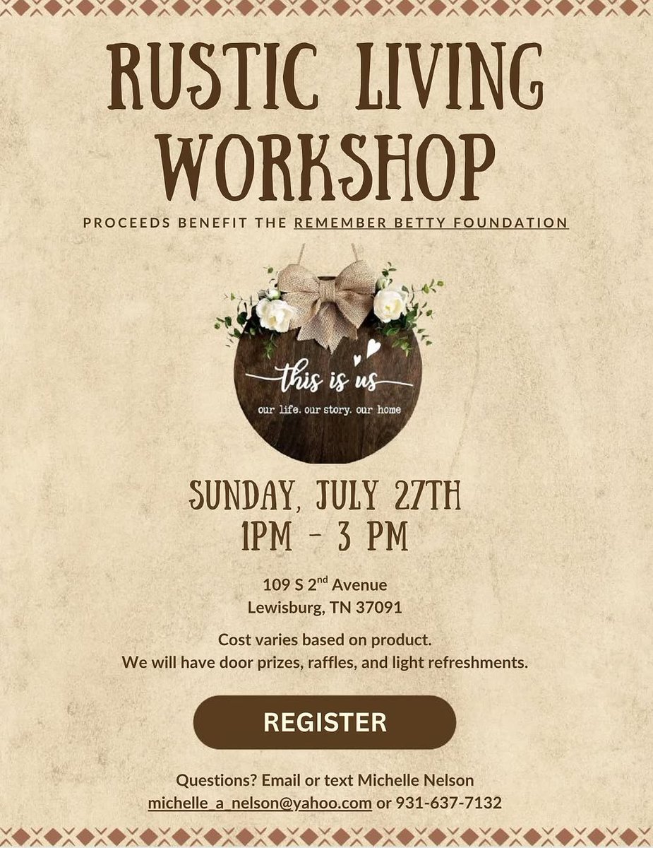 Tennessee! Join <a href="/rememberbettytn/">teambettytn</a> on July 27th for a Rustic Living Workshop fundraiser ! 🩷 rusticlivingworkshop.com/workshops/reme…