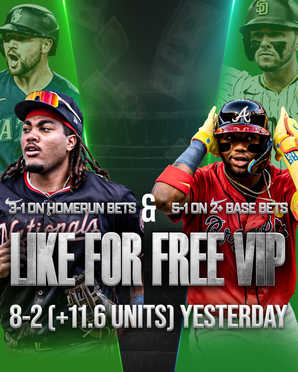 10to10k_'s tweet photo. Since we DOMINATED yesterday, every single like on this post is getting free VIP🙏❤️

The Algorithm was ON A HEATER yesterday🔥⬇️
James Wood HR (+460)✅💰
Ronald Acuna HR (+355)✅💰
Cal Raleigh HR (+215)✅💰
Cal Raleigh 2+ Bases (-115)✅💰
Jackson Merrill 2+ Bases (-105)✅💰
Ronald Acuna 2+ Bases (-115)✅💰
Alec Burleson 2+ Bases (+100)✅💰
Brendan Donovan 2+ Bases (+100)✅💰
Paul Goldschmidt 2+ Bases (-120)👎
Seiya Suzuki Homerun (+475)👎
8-2 (+11.6 units) all in one day !!💰

Just like this post & I will DM you free VIP, including my $5 to win $1500 parlay today🤝❤️
