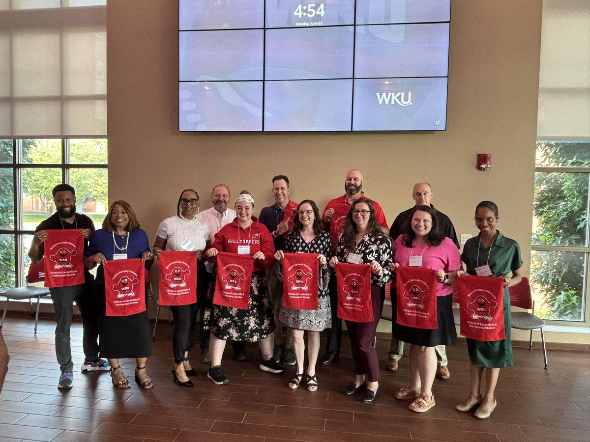 WKUEDD's tweet image. The 2023 cohort shows their Big Red spirit at the 2025 EdD Summer residency. @WKUCEBS @WKU_SLPS