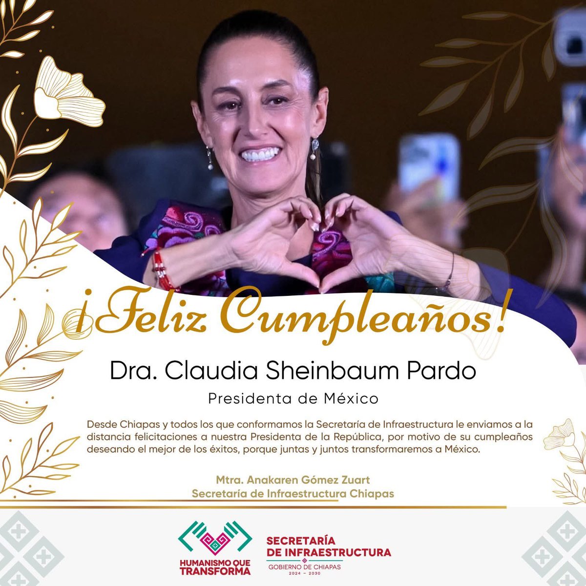 Nuestra felicitación desde la Secretaría de Infraestructura Chiapas para la presidenta de #México <a href="/Claudiashein/">Claudia Sheinbaum Pardo</a> .

Los mejores deseos en este día.

#infraestructurahumanista
#Chiapas
#Seinfra
#PresidentaClaudiaSheinbaum