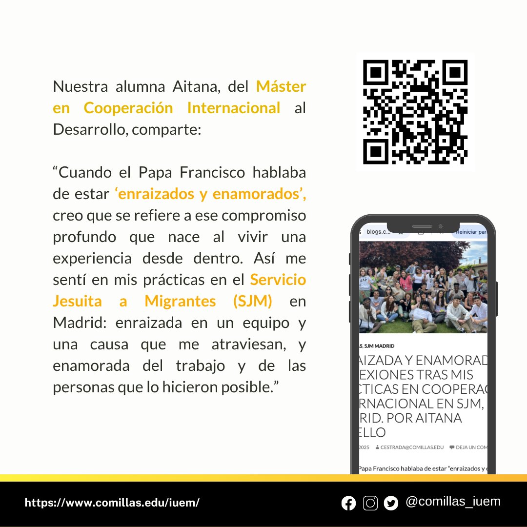 📖 Blog de Acogida
✨ Nuestra alumna Aitana, del Máster en Cooperación Internacional al Desarrollo, comparte una experiencia transformadora durante sus prácticas en el @sjm_esp:

🙌🏽 LINK:blogs.comillas.edu/acogida/
#BlogDeAcogida #MásterCooperaciónIUEM #PrácticasConSentido💫